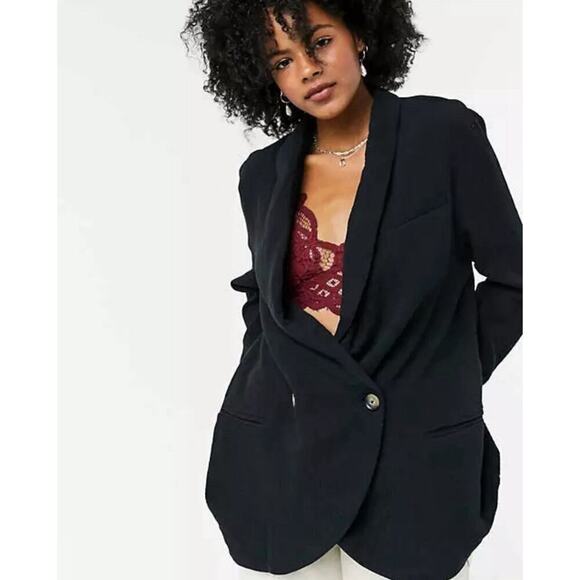 Free People Cotton Blazer Jacket Black S Gauzy Oversized Double Button $168 - Picture 4 of 4